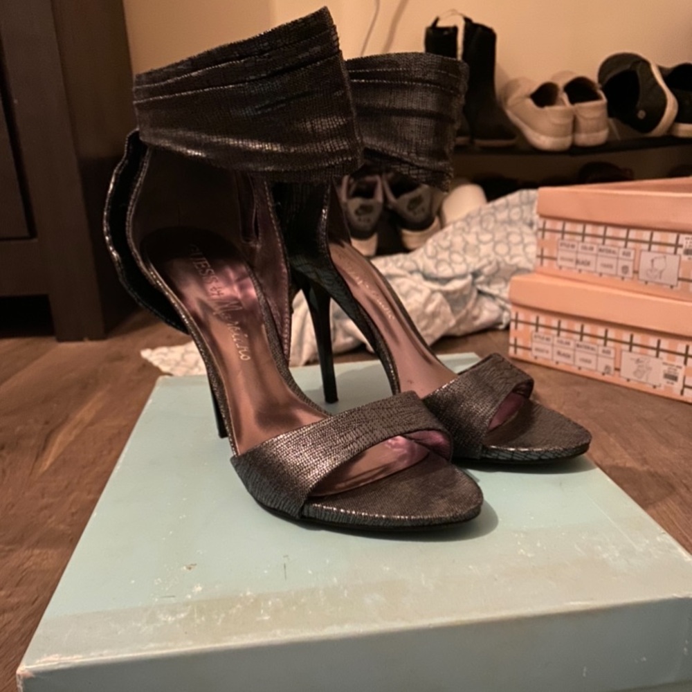 Silver open toe heels